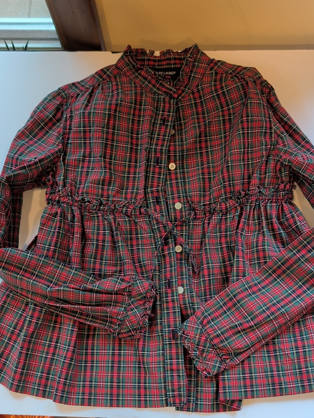 Ralph Lauren Red and Green Plaid Ruffle-Trim Button Front Blouse